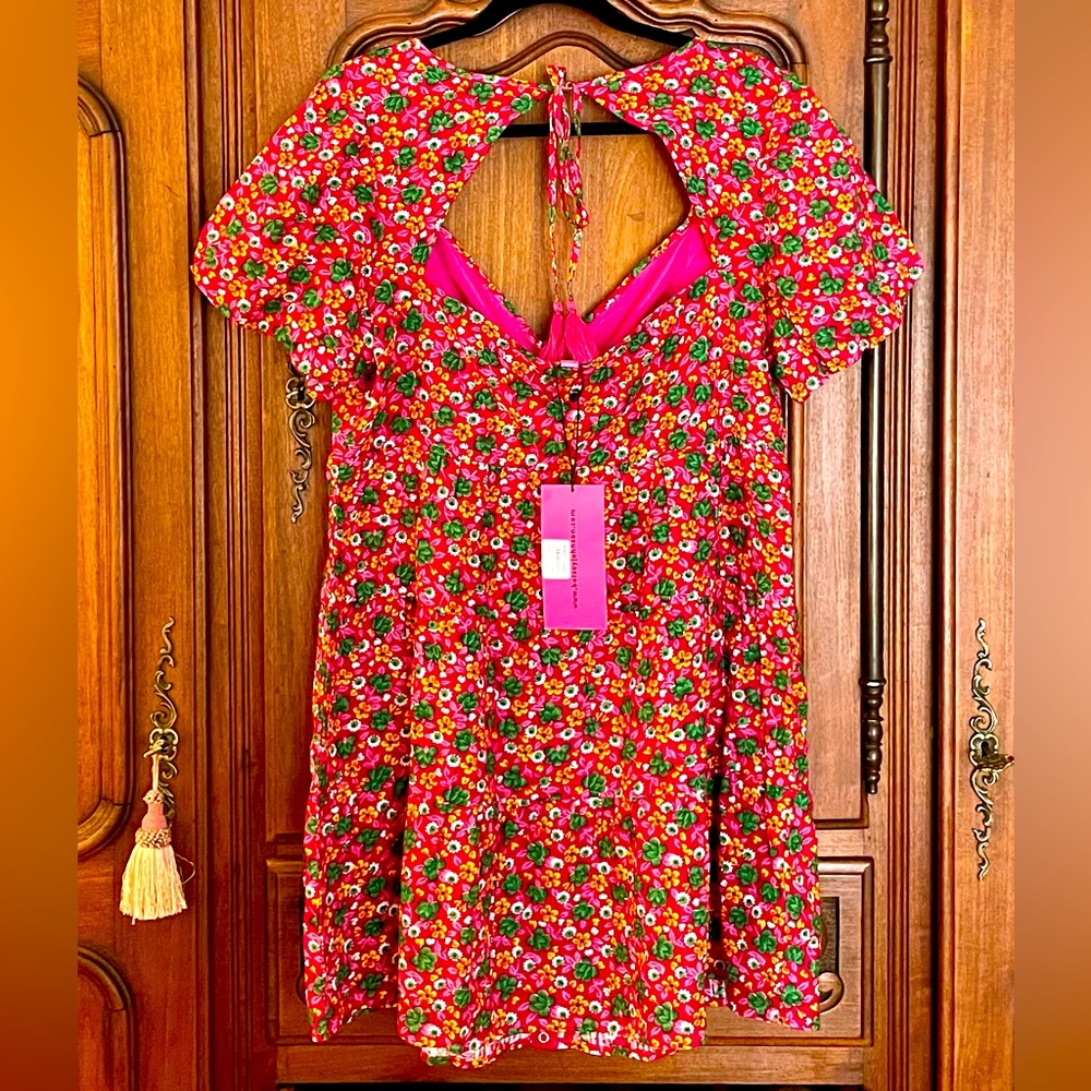 Betsey Johnson, Snap-front, Puff Sleeve, Mini Dress, Pink Floral